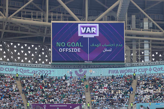 A giant screen at Lusail Stadium reads "NO GOAL" during the Group C game between Argentina and Saudi Arabia at the 2022 FIFA World Cup